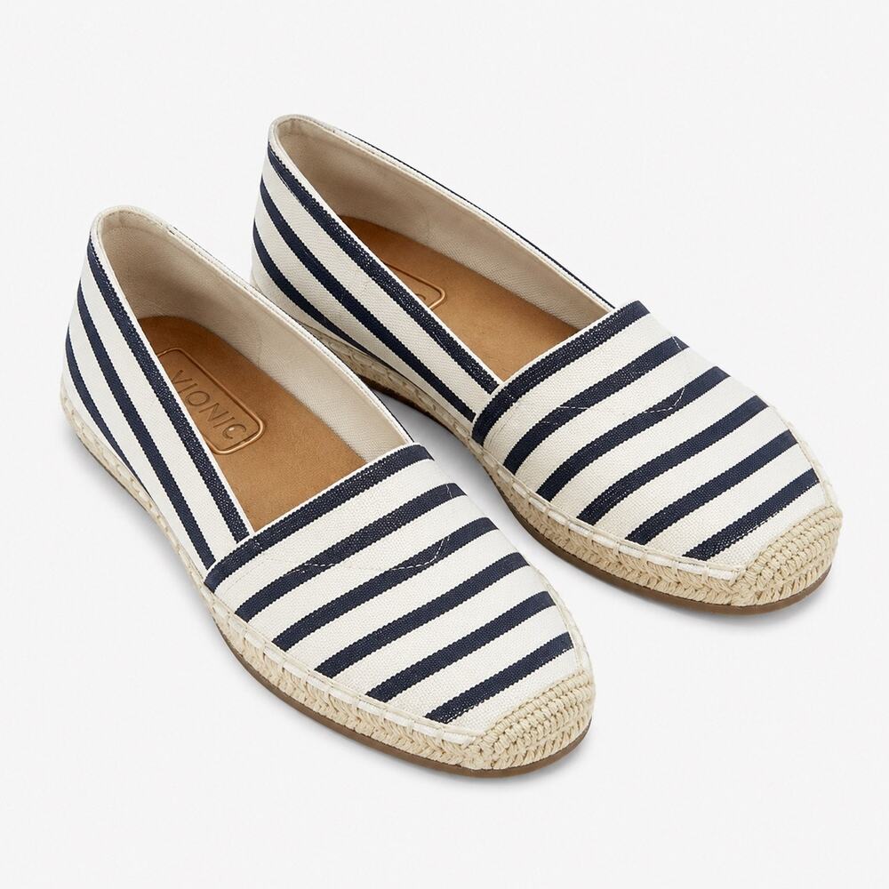 VIONIC | Valerie Striped Canvas Espadrille Flats Navy White  Stretch | Size 8‎
